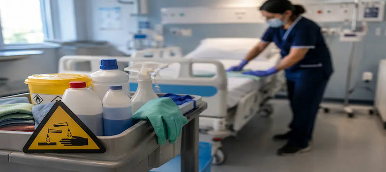 Cleaning chemicals and hazard sign in a hospital room.