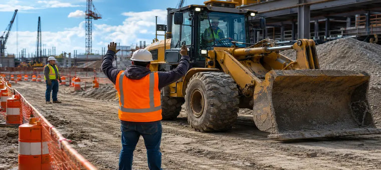 Worker guiding a loader on a construction site.