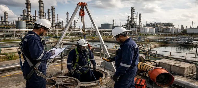 Workers preparing a confined space entry with tripod and gas monitor