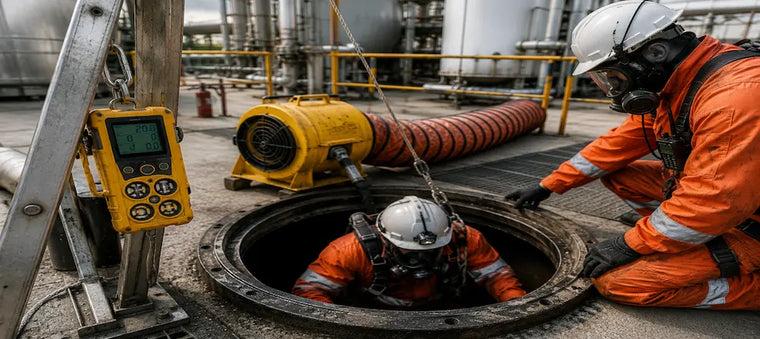 Workers in safety gear entering a confined space with supervision and ventilation.