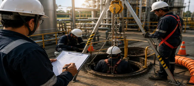 Workers entering a confined space with safety harnesses and supervision.