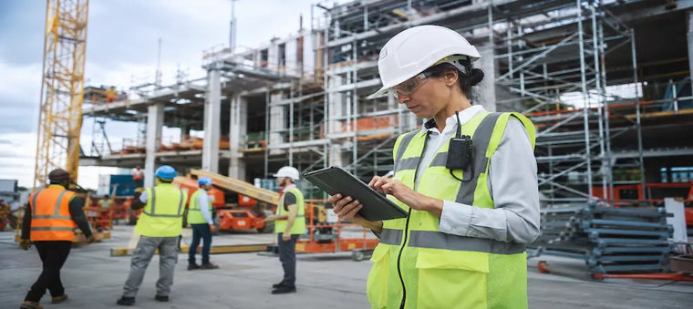 Safety officer checking a construction site with tablet.
