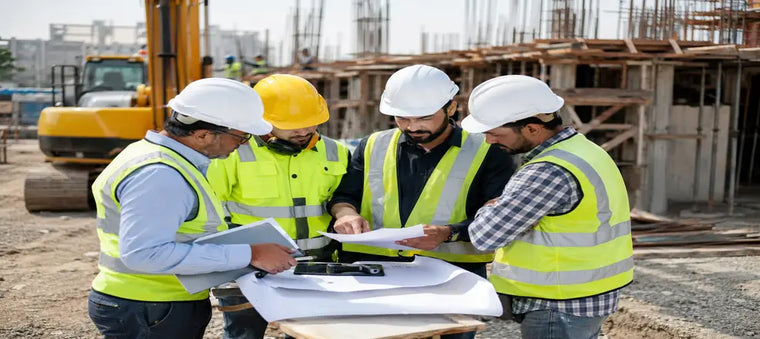 Construction workers reviewing site plans.