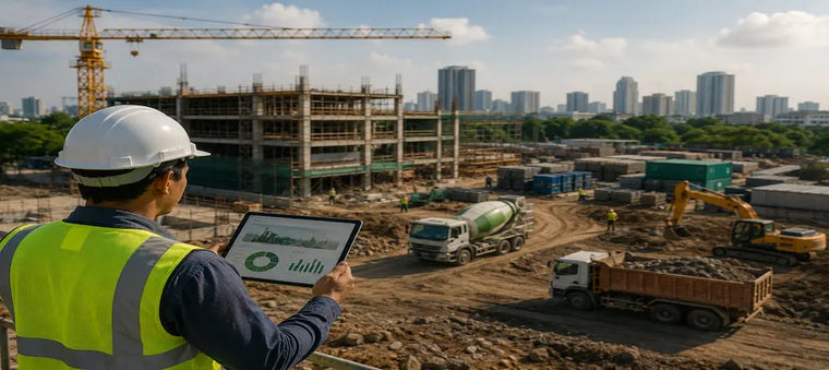 Worker checks ESG data on tablet at construction site.
