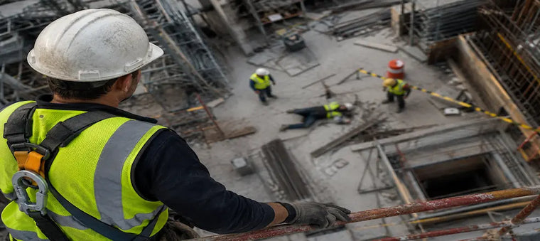 Worker in fall protection gear overlooking a construction site.