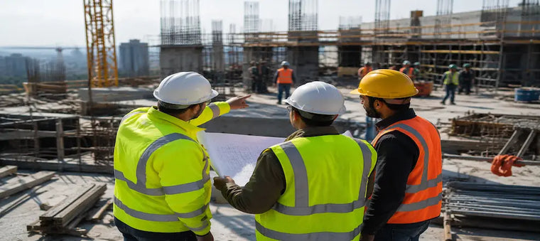 Construction workers reviewing plans at a building site.