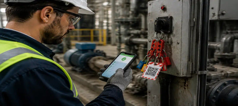 Worker verifying LOTO status with mobile device.