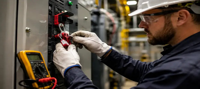 Worker applying lockout tag on electrical panel.