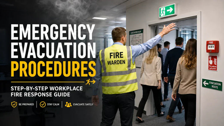 Fire warden guiding office employees during a calm workplace evacuation with emergency exit signage and fire safety instructions.