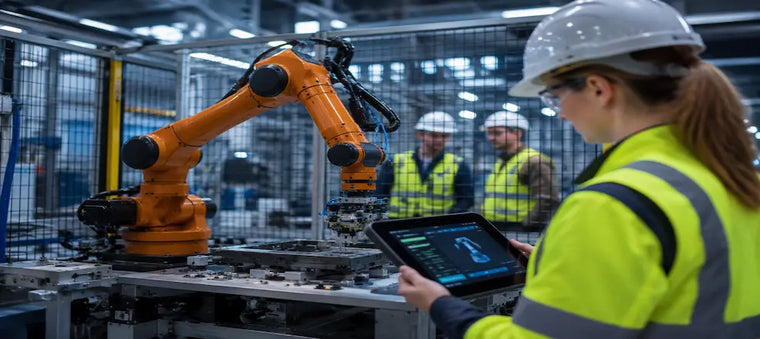 Worker inspecting a robotic arm in a factory.Worker inspecting a robotic arm in a factory.