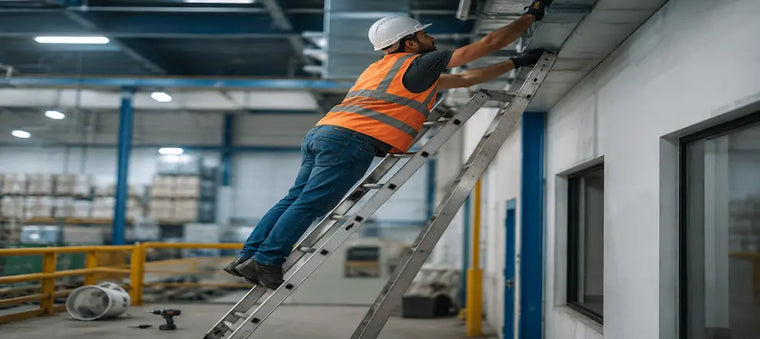 Worker using a ladder indoors for maintenance.