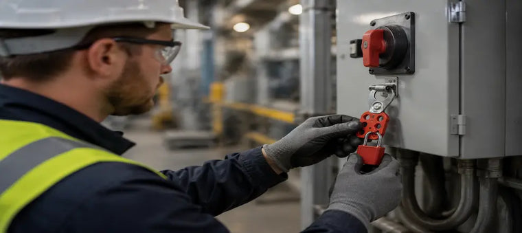 Worker applying a lockout tagout lock on equipment.
