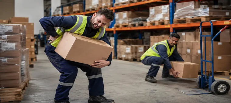 Warehouse worker strains back while lifting box.