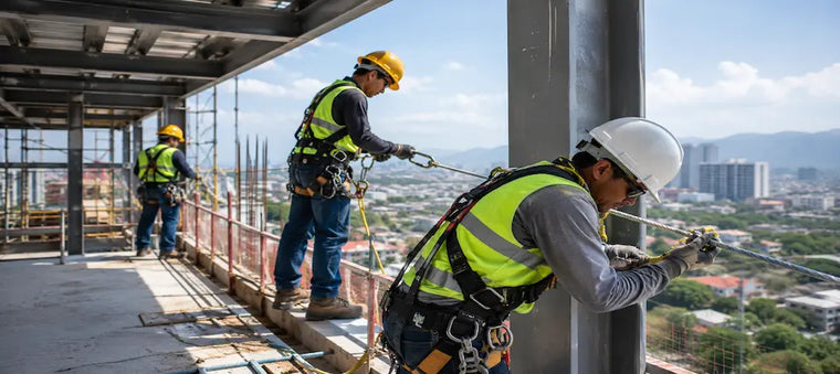 Workers securing safety lines on a high-rise structure
