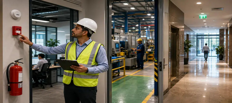 Safety officer checks a fire alarm during a workplace fire safety inspection.