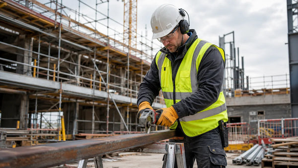 Construction worker wearing a hard hat, safety goggles, ear protection, gloves, and high visibility vest while operating tools on a building site to demonstrate proper personal protective equipment use.
