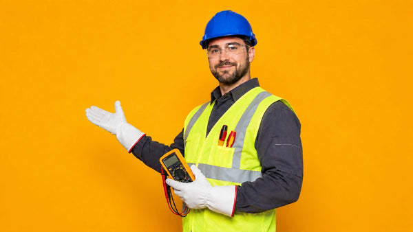 European male electrical engineer wearing a blue hard hat, safety glasses, high-visibility vest, and protective gloves, holding a digital multimeter and presenting on a bright yellow background for an electrical safety training course.