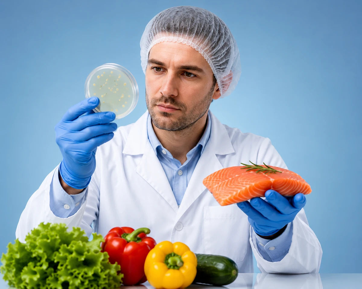 European food safety inspector in lab coat and hairnet examining fresh food samples and a petri dish in a clean laboratory for HACCP compliance and food hygiene.