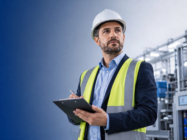 European manager in business-casual attire performing a workplace safety inspection with a clipboard in an industrial setting, demonstrating risk awareness and safety leadership.