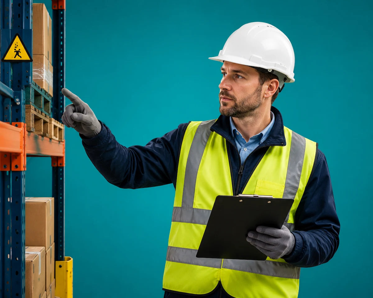 European safety professional wearing a helmet and high visibility vest inspecting warehouse hazards with a clipboard during workplace risk assessment training