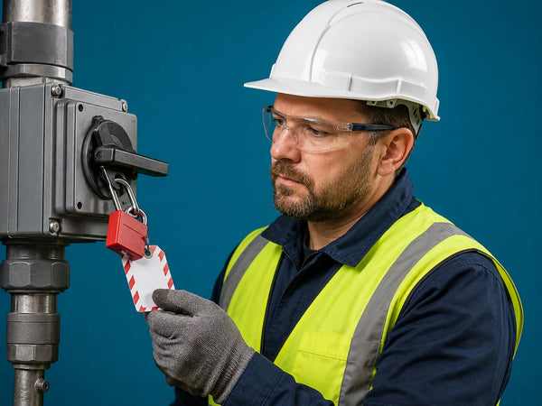 European industrial worker wearing PPE applying a red lockout tagout padlock to an electrical switch for workplace safety training.
