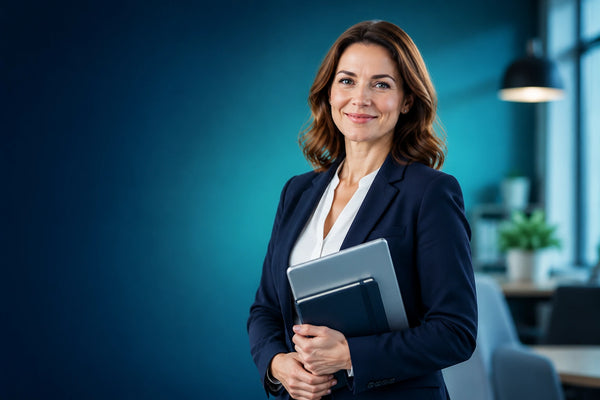 Professional workplace wellbeing specialist holding a tablet in a modern office setting, representing mental health first aid training, employee support, psychological safety, and workplace wellbeing awareness.