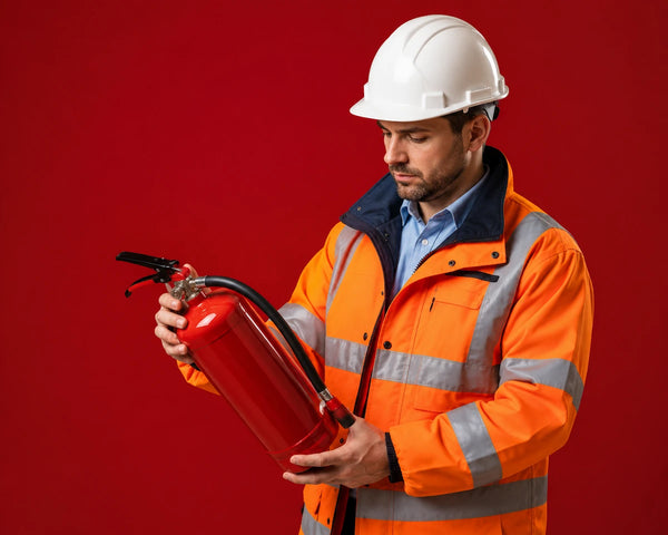 European safety worker wearing protective equipment inspecting a fire extinguisher during fire safety training, demonstrating workplace fire prevention and emergency response skills.