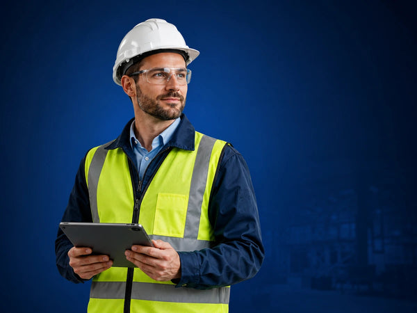 European male HSE officer wearing white safety helmet, high-visibility vest, and safety glasses, holding a tablet and reviewing safety protocols in a modern industrial facility with deep blue gradient background.