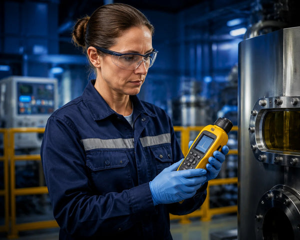 European radiation safety specialist wearing protective eyewear and gloves using a radiation detector to monitor exposure levels in an industrial facility