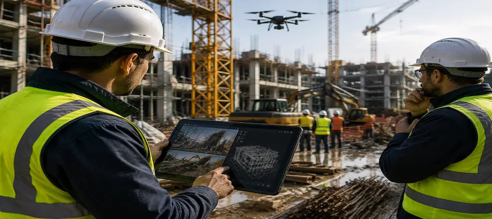 Drone and tablet used on construction site.