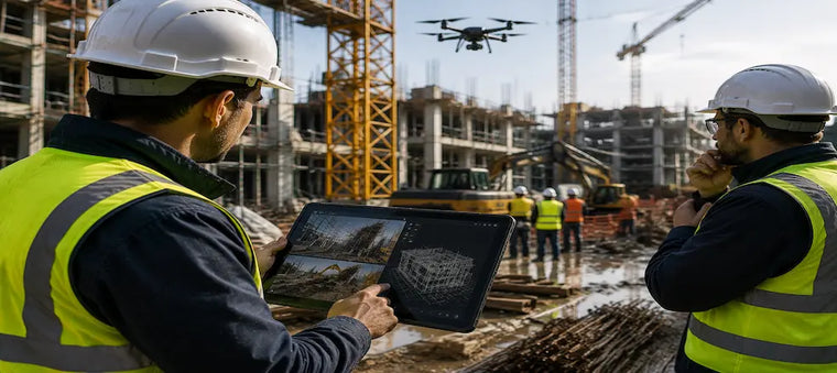 Drone and tablet used on construction site.