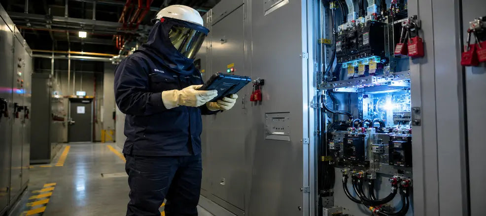 Worker inspecting electrical equipment with arc flash PPE.