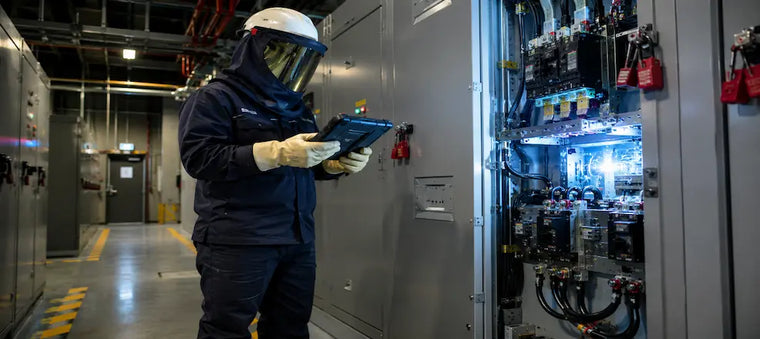 Worker inspecting electrical equipment with arc flash PPE.