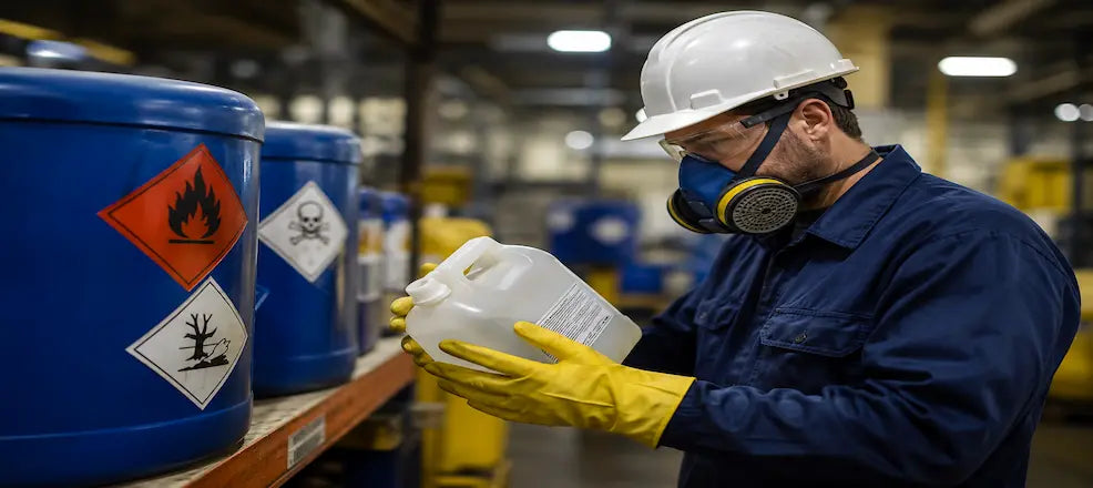 Worker handling chemicals with protective equipment.