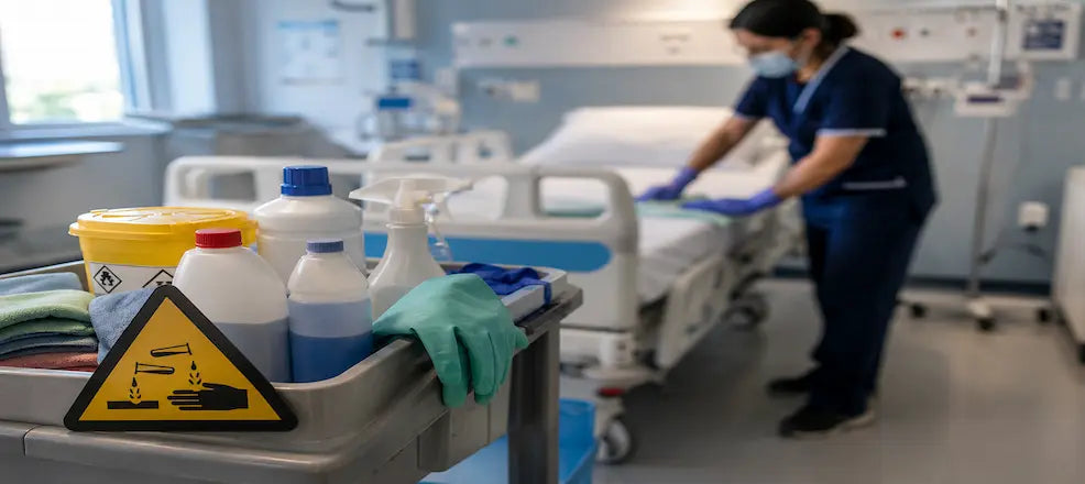 Cleaning chemicals and hazard sign in a hospital room.