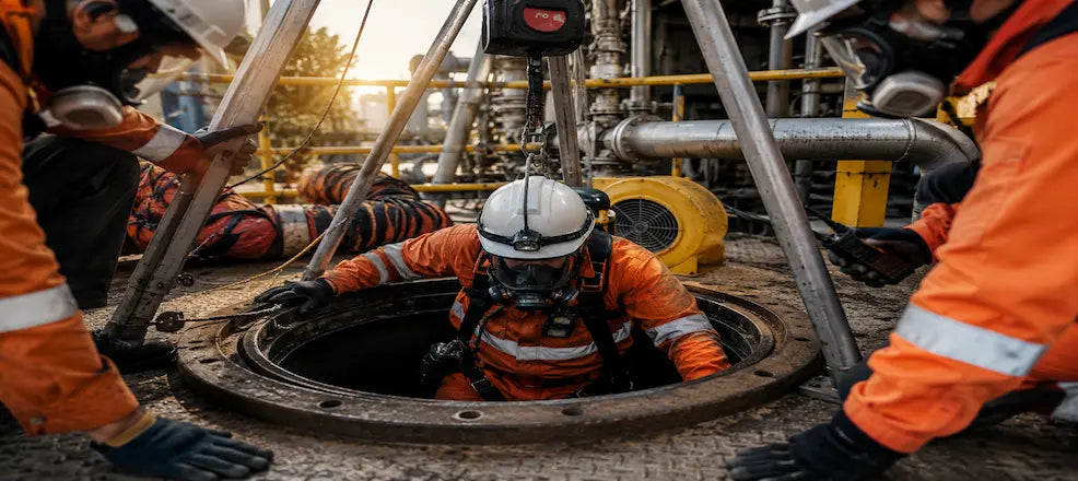 Worker in full safety gear entering a confined space.