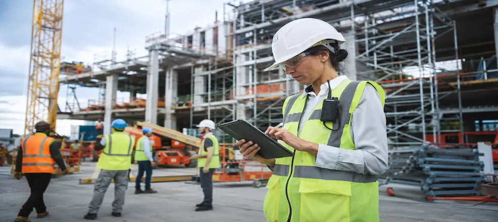 Safety officer checking a construction site with tablet.