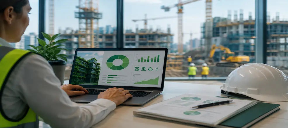 Person reviewing environmental data on laptop at a construction site.