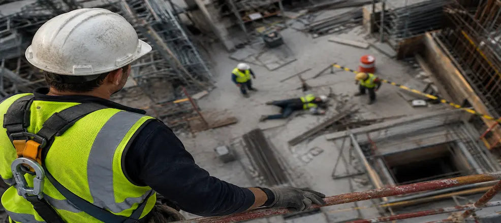Worker in fall protection gear overlooking a construction site.