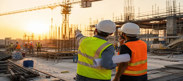 Construction workers wearing safety gear at a building site.