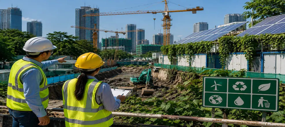Workers review eco-friendly construction site.