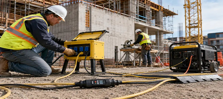 Worker using safe temporary power equipment on a construction site.