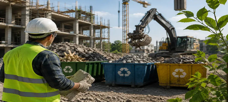 Worker with debris near recycling bins.