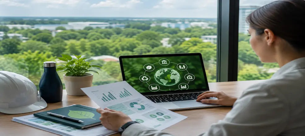 Woman reviewing ESG data on laptop and reports.