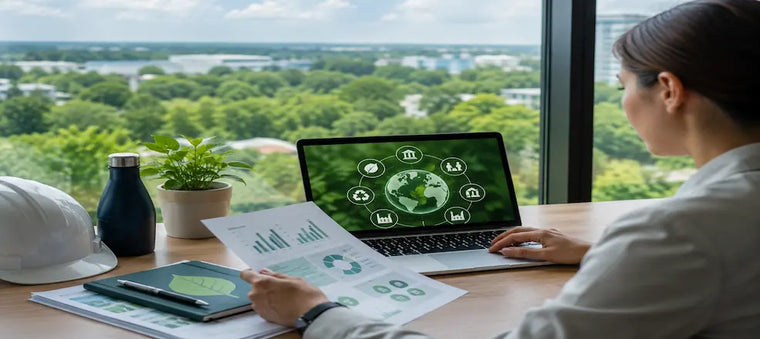 Woman reviewing ESG data on laptop and reports.