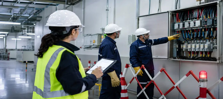Workers inspecting an electrical panel safely.