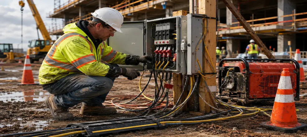 Worker inspecting a temporary electrical panel at a construction site.