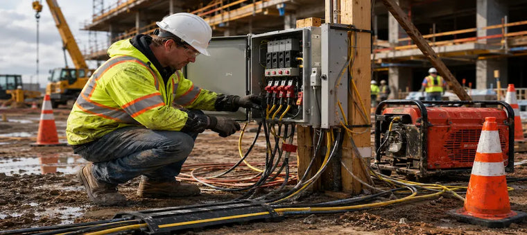 Worker inspecting a temporary electrical panel at a construction site.