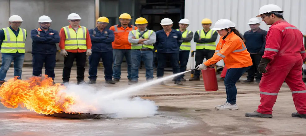 Workers observe a live fire extinguisher demonstration during workplace fire safety training.