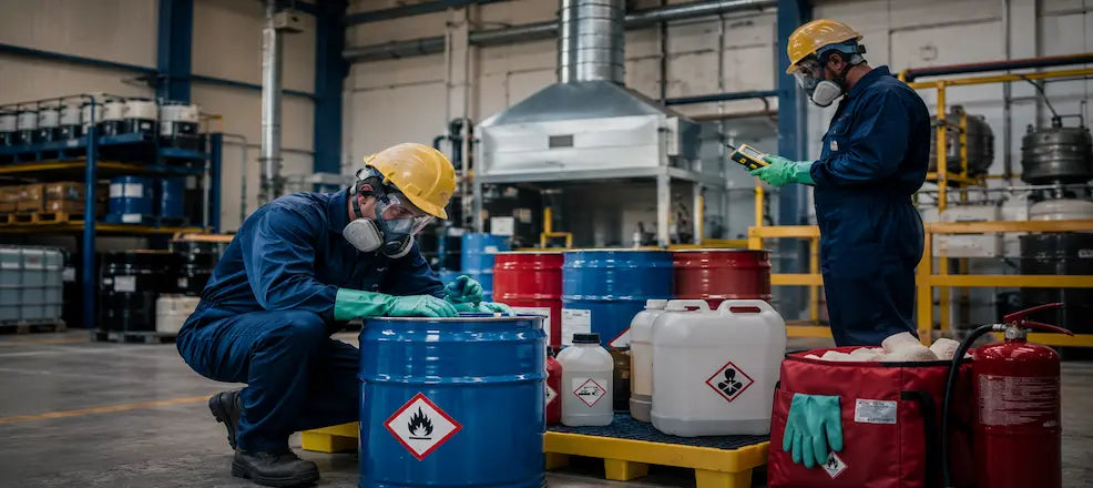Workers wearing PPE handling hazardous chemical containers safely.